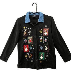 Vintage Ugly Christmas Sweater Cardigan Womens S / SP Black Collared Embroidered